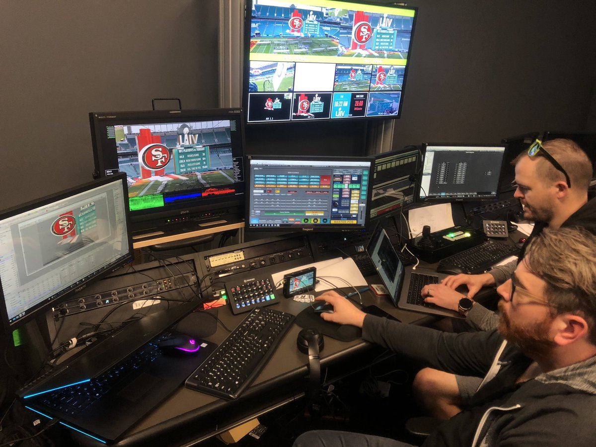 KevinCottam1's tweet photo. Onsite in Miami... getting hyped for SBLIV tomorrow at Hard Rock Stadium! The game day production team has been pulling long hours to ensure fans have a great game-day experience tomorrow! Looking good guys! #ross_video #xpression #ross_sports #rocket_surgery https://t.co/PHvnmIpq1a