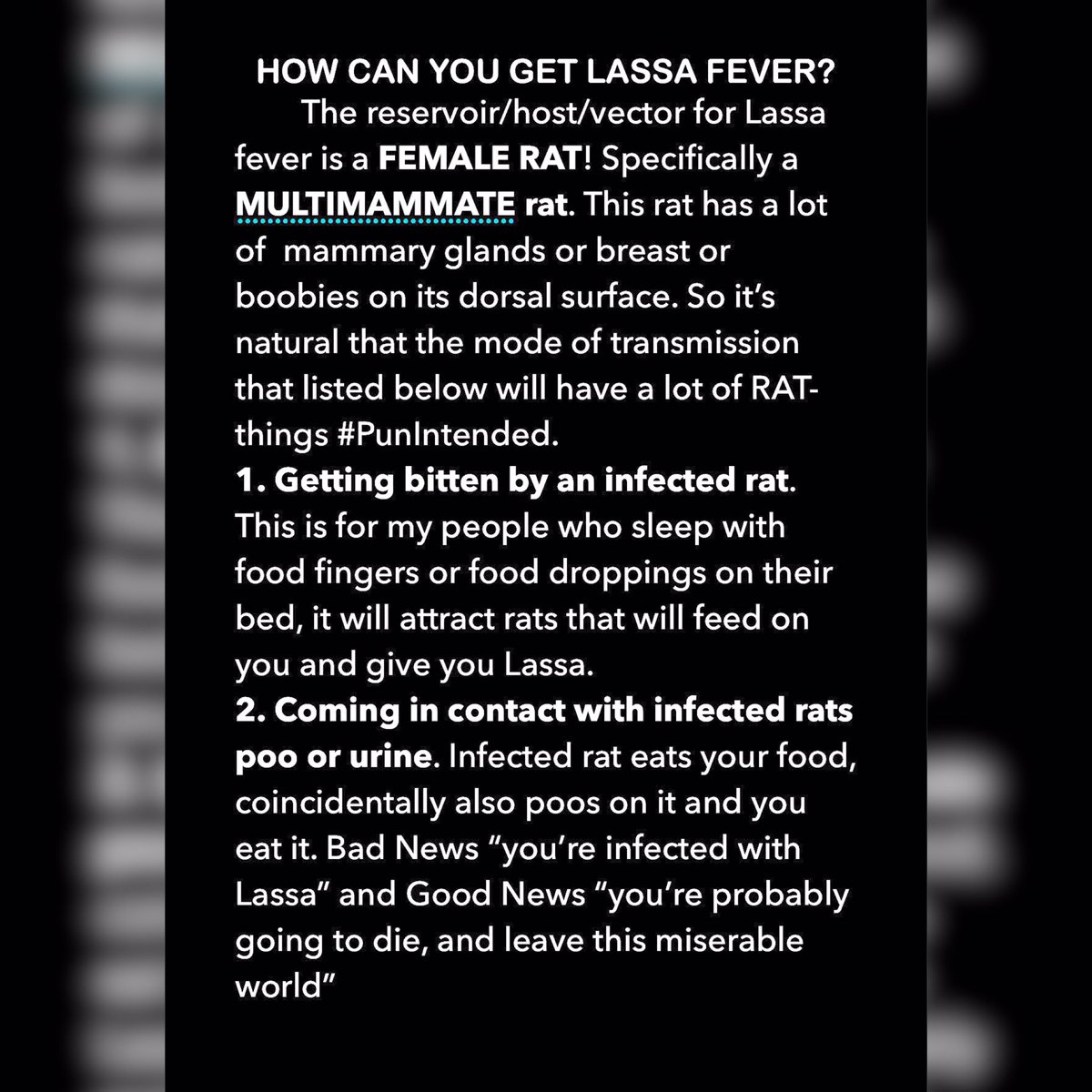 jamarhealthfo's tweet photo. NOTE1: Even people with mild/little fever symptoms can transmit Lassa to others.
NOTE2: Do not pick up a rat and say “oh let me check it’s underside for boobs”. NO! DONT!.
The current outbreak in Nigeria. Please read & share to save lives. #drmedivice #jhf #healthtopic #follow https://t.co/FmGU65rNGn