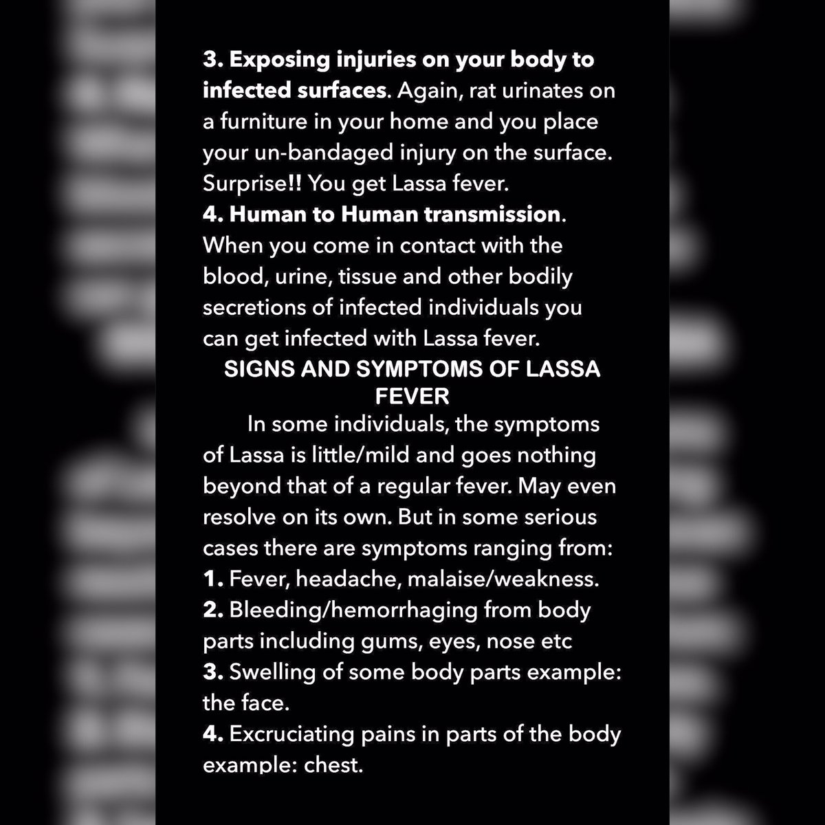 jamarhealthfo's tweet photo. NOTE1: Even people with mild/little fever symptoms can transmit Lassa to others.
NOTE2: Do not pick up a rat and say “oh let me check it’s underside for boobs”. NO! DONT!.
The current outbreak in Nigeria. Please read & share to save lives. #drmedivice #jhf #healthtopic #follow https://t.co/FmGU65rNGn