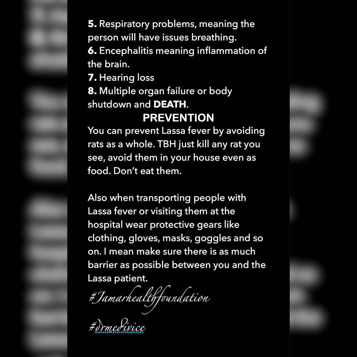 jamarhealthfo's tweet photo. NOTE1: Even people with mild/little fever symptoms can transmit Lassa to others.
NOTE2: Do not pick up a rat and say “oh let me check it’s underside for boobs”. NO! DONT!.
The current outbreak in Nigeria. Please read & share to save lives. #drmedivice #jhf #healthtopic #follow https://t.co/FmGU65rNGn