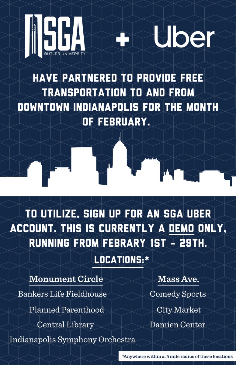 ButlerSGA's tweet image. DEMO ANNOUNCEMENT: For the month of February, we'll be offering free Uber service to and from locations in downtown Indy. Check out the graphic below for more details!