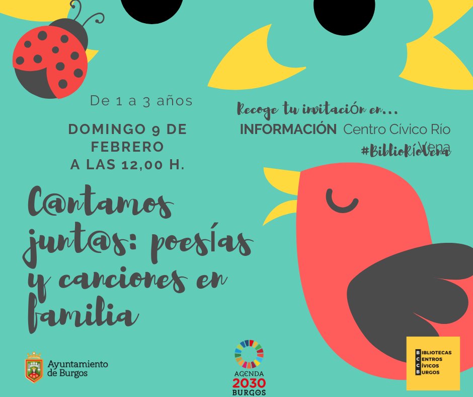 bibliocivicosBU's tweet photo. El próximo Domingo 📅 9 de Febrero a las 12:00. Os esperamos en el #cantamosjuntos🎼 🎶. Para niños y niñas 👦👧 de 1 a 3 años. ¡¡Recuerda recoger tu invitación en  #BiblioRíoVena!! ¡¡TE ESPERAMOS!! https://t.co/543kfp1KXI