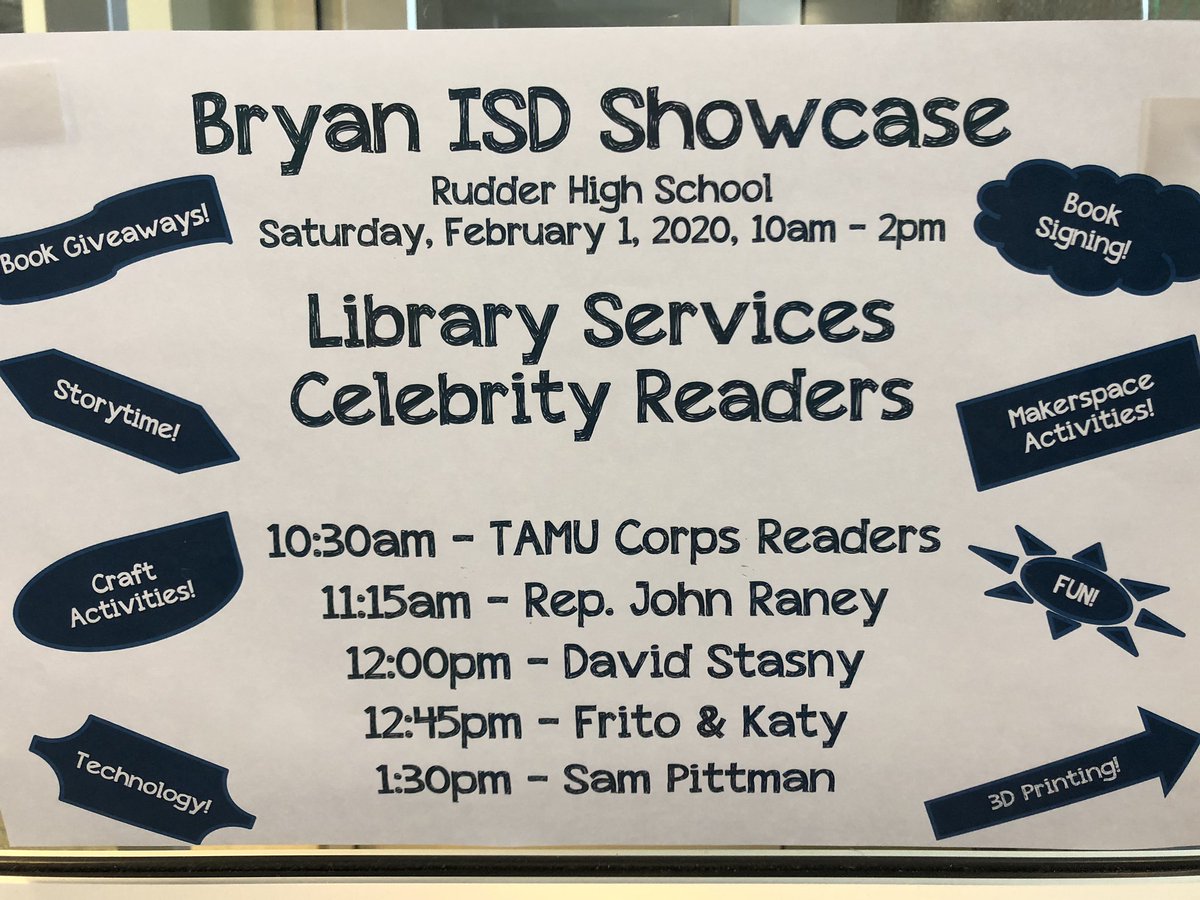 BISD_Libraries's tweet photo. Come see us in the #RudderLibrary! #BISDShowcase We have #makerspace, #technology, #CelebrityReaders, #GiveAways #artsAndCrafts John Raney will be reading #ArmadilloTattletale at 11:15! @RaneyForTexas #SeeYouInTheLibrary https://t.co/Yik6xQFLgq