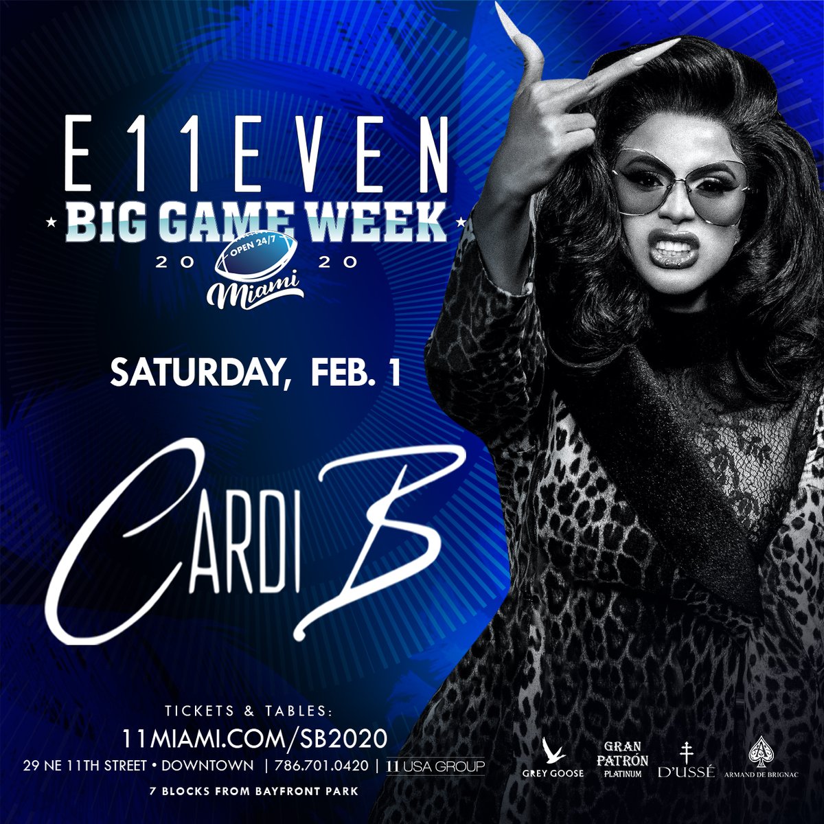 e11evenlife's tweet photo. Pop up, guess who, b*tch? Cardiana @11Miami tonight 🙌🏽  #11BigGame 🏈 #LifeAsAn11 @iamcardib 
Tickets: https://t.co/cmKELCEc3n https://t.co/YggwUy7fcT