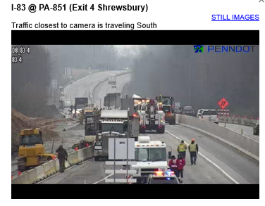 REACT6123's tweet photo. Southbound I83 is open to traffic but the northbound lanes remain closed. Crews are hoping for a 2pm reopening. (PennDOT x4 CAM looking south) https://t.co/u57b0MV3no