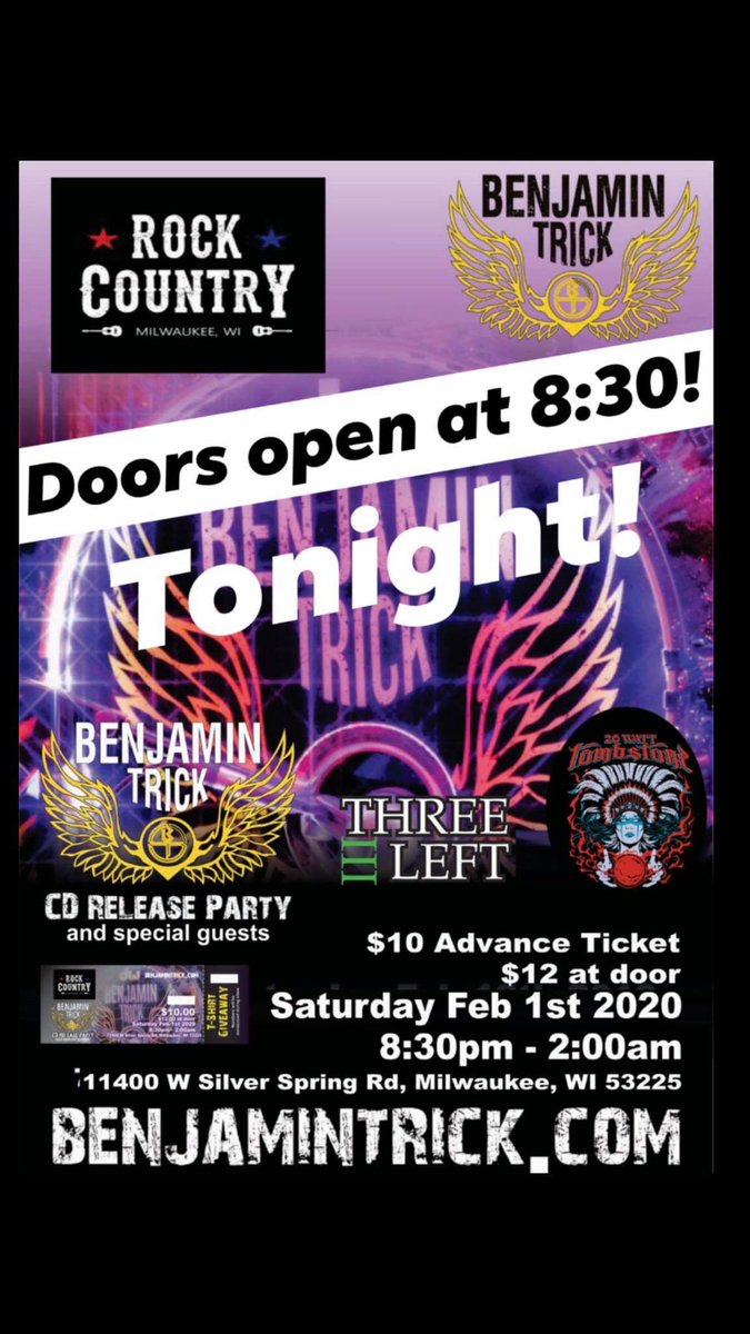 Three_Left's tweet photo. Three Left hits the stage tonight at 9pm at Rock Country in Milwaukee WI.
#threeleft #benjamintrick #20watttumbstone #rockcountry #milwaukee #livemusic https://t.co/bmWcZhkq0P