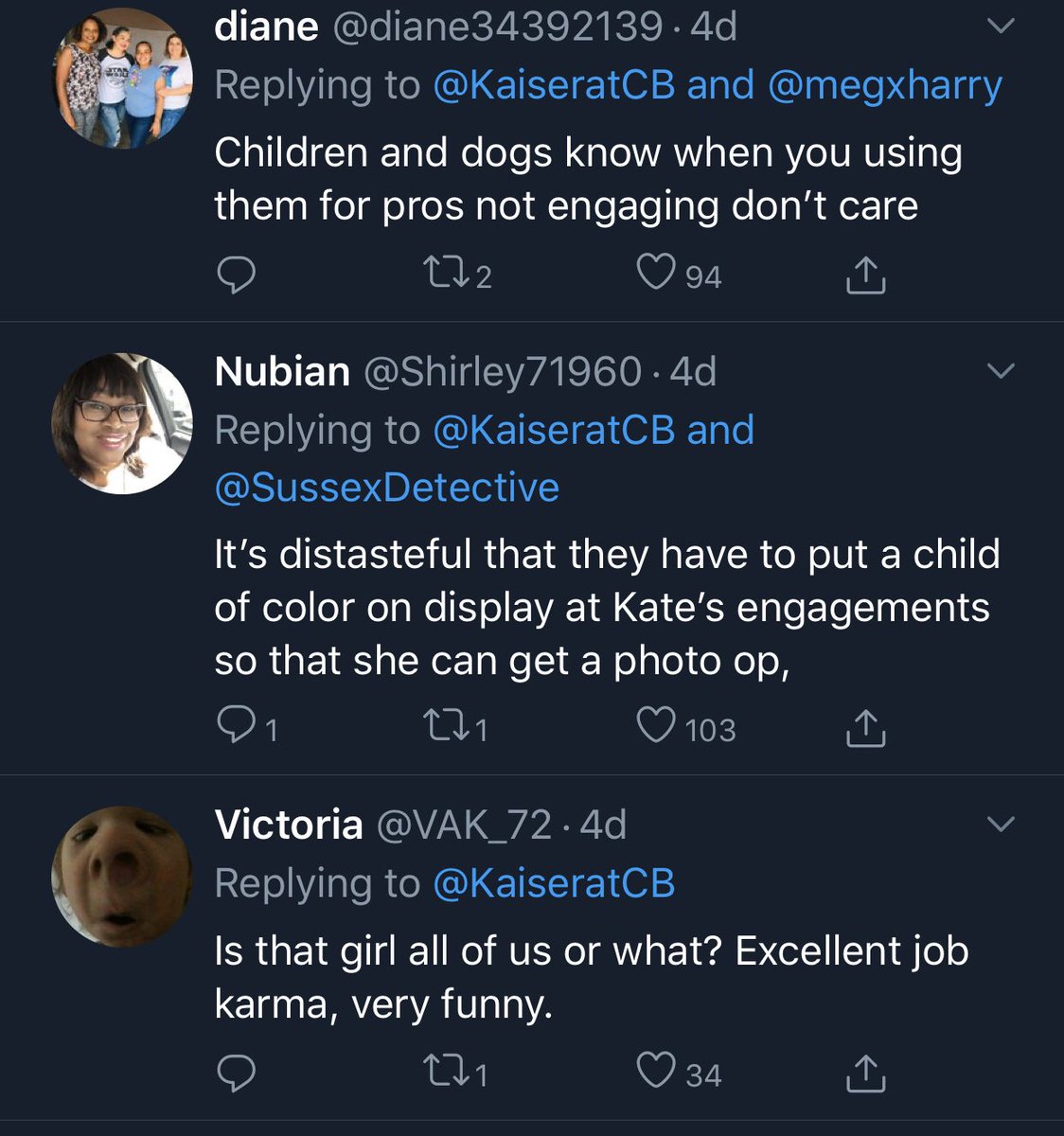 And more hate. People accusing kate of using black children for photo ops. Implying that she doesn’t want photos with black children & she is racist. THEY are the ones who see colour (3/?)