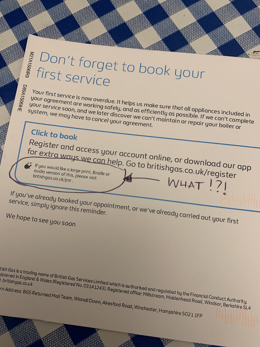 Egg101's tweet photo. Whose bright idea was this? “Let’s put the bit about large print in the smallest print on the letter!” #britishgas @DisRightsUK @BritishGas @BritishGasHelp @RNIB https://t.co/mcA2m7OA1L