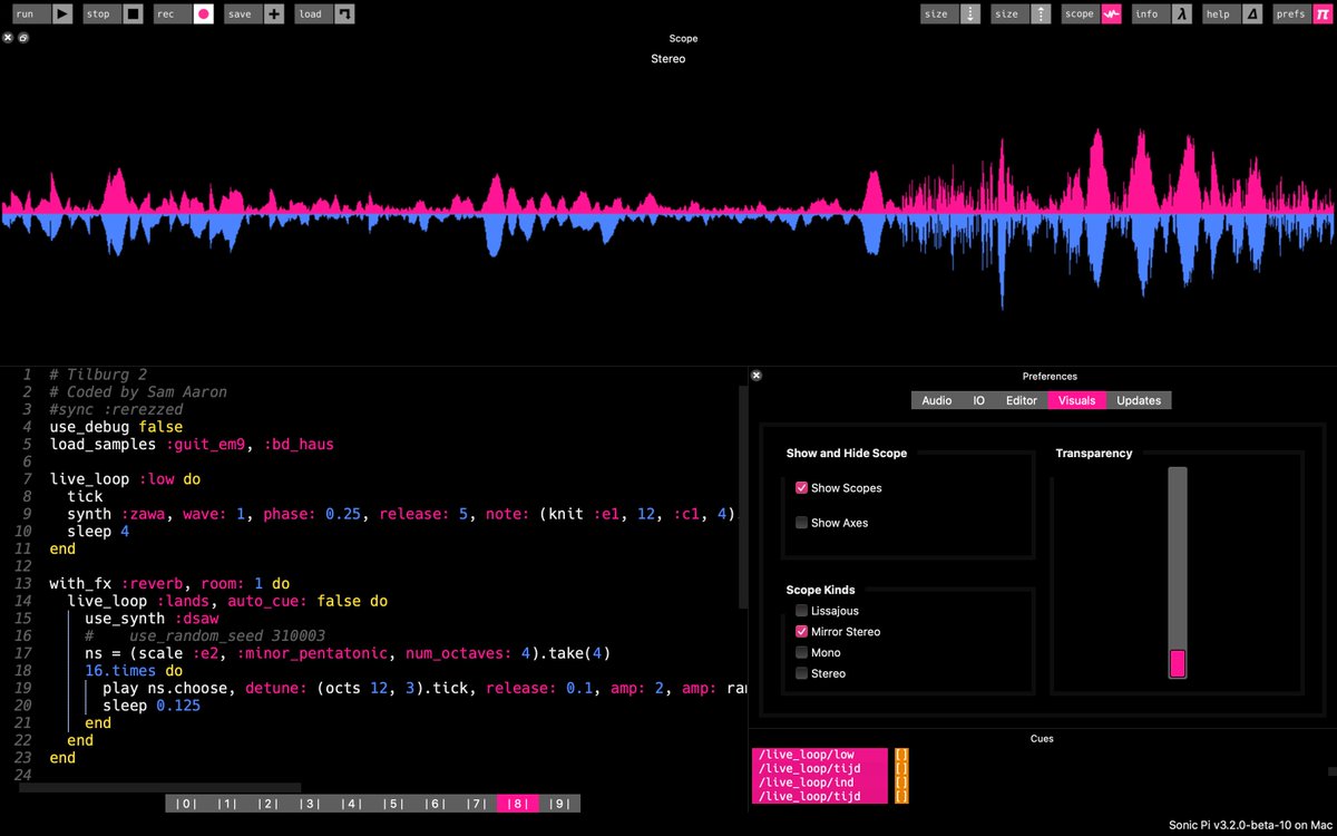 The Sonic Pi GUI featuring the new stereo scope visualiser