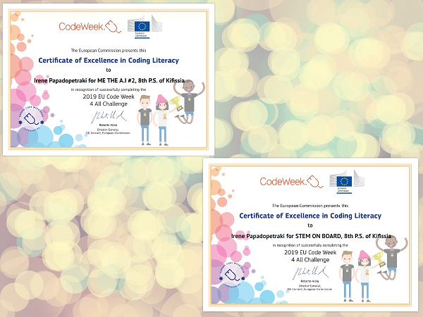 IPapadopetraki's tweet photo. Europe CodeWeek Challenge4all Certificates! Many thanks to my partners and students! #CodeWeek  @MeTheAI2
#StemOnBoard https://t.co/wIjjTXLqHA