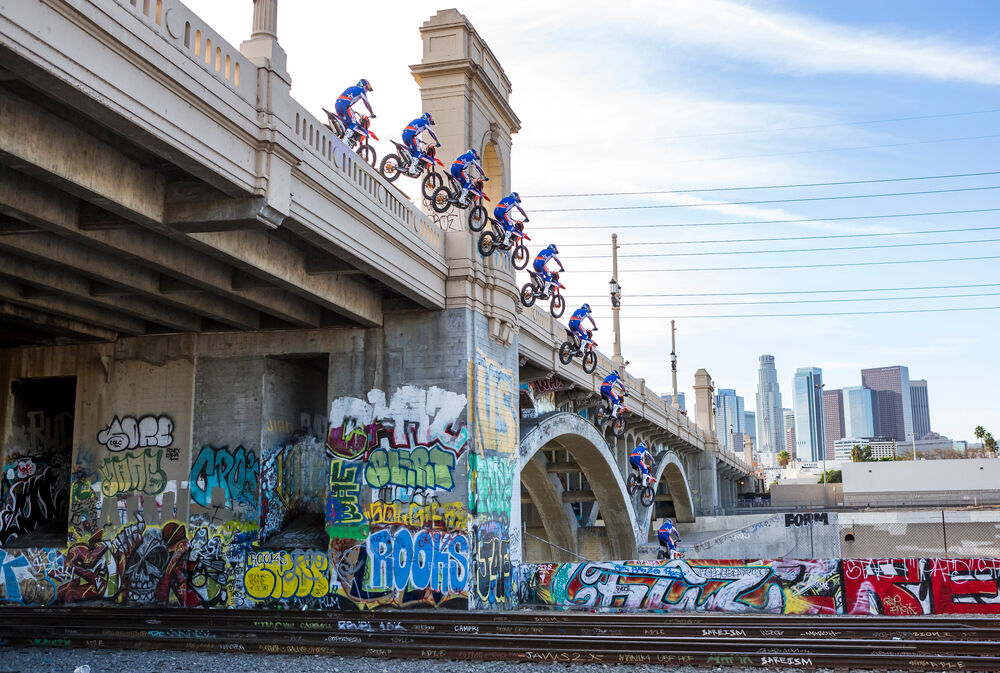 Robbie Maddison drops off of the First Street Bridge and into the LA River in Downtown LA during filming for "Duct Out" in Los Angeles, California, USA on 18 November, 2019.