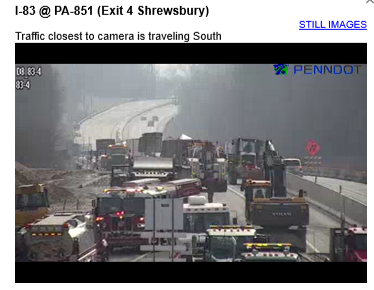 REACT6123's tweet photo. Equipment is coming off the highway. Still hoping for a 2pm reopen for NB I-83 at mm4. https://t.co/7DNui3elh9