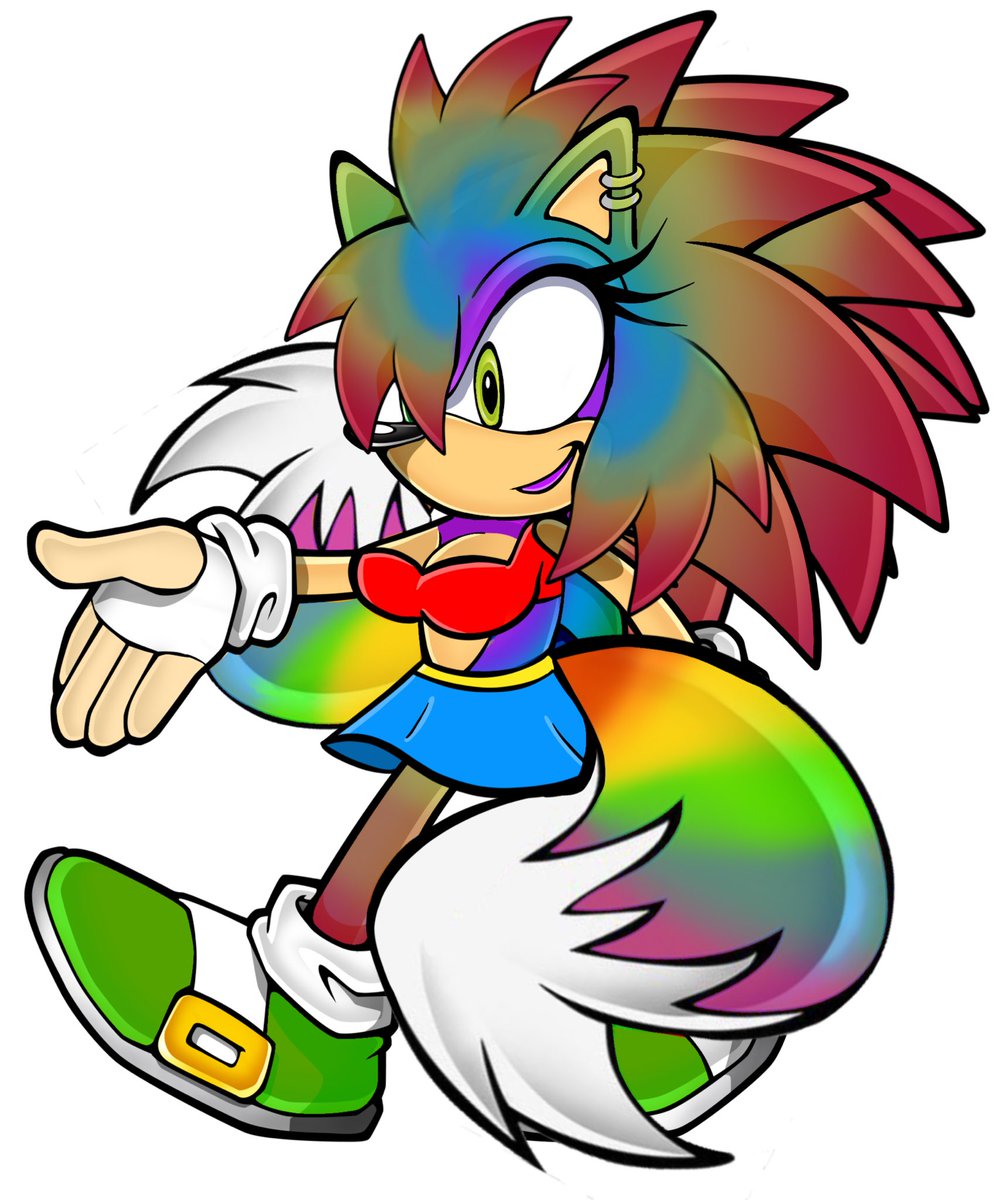 Here's my Sonic OC she's Amy's secret sister and got pregnant with Shadow  and absorbed all the energy of the chaos emeralds which turned her rainbow  coloured but Tails fell in love, image size:1005x1200