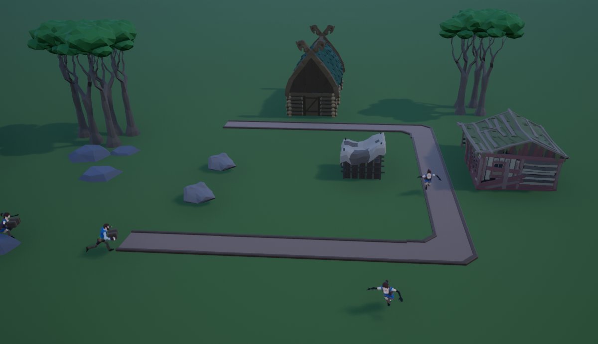 _Groshh_'s tweet photo. Working on the simulation aspects. Now have workplaces that can create items. The Blacksmith makes different tools. Workers wake up, either go to work or collect resources. Then go home at dinner time. #screenshotsaturday #gamedev https://t.co/c9rwlU4iHB