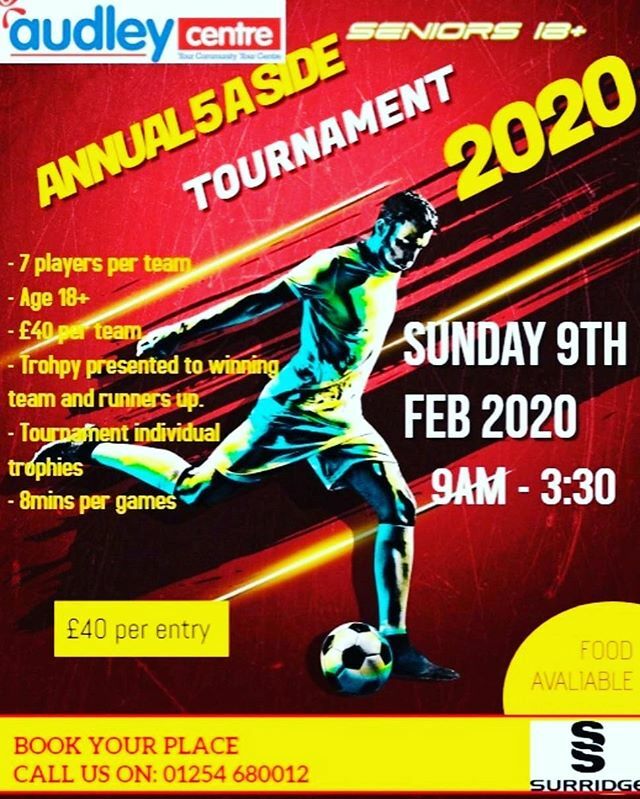 AudleyCentre's tweet photo. ***Limited Spaces*** Call to book your team in for our first annual football tournament of 2020 on Sunday 9th February. ***Individual Awards*** ***Goal of the Tournament*** ***Player of the Tournament*** ***Goalkeeper of the Tournament*** https://t.co/QnsSXCpBJM https://t.co/hDFPhHGvPx