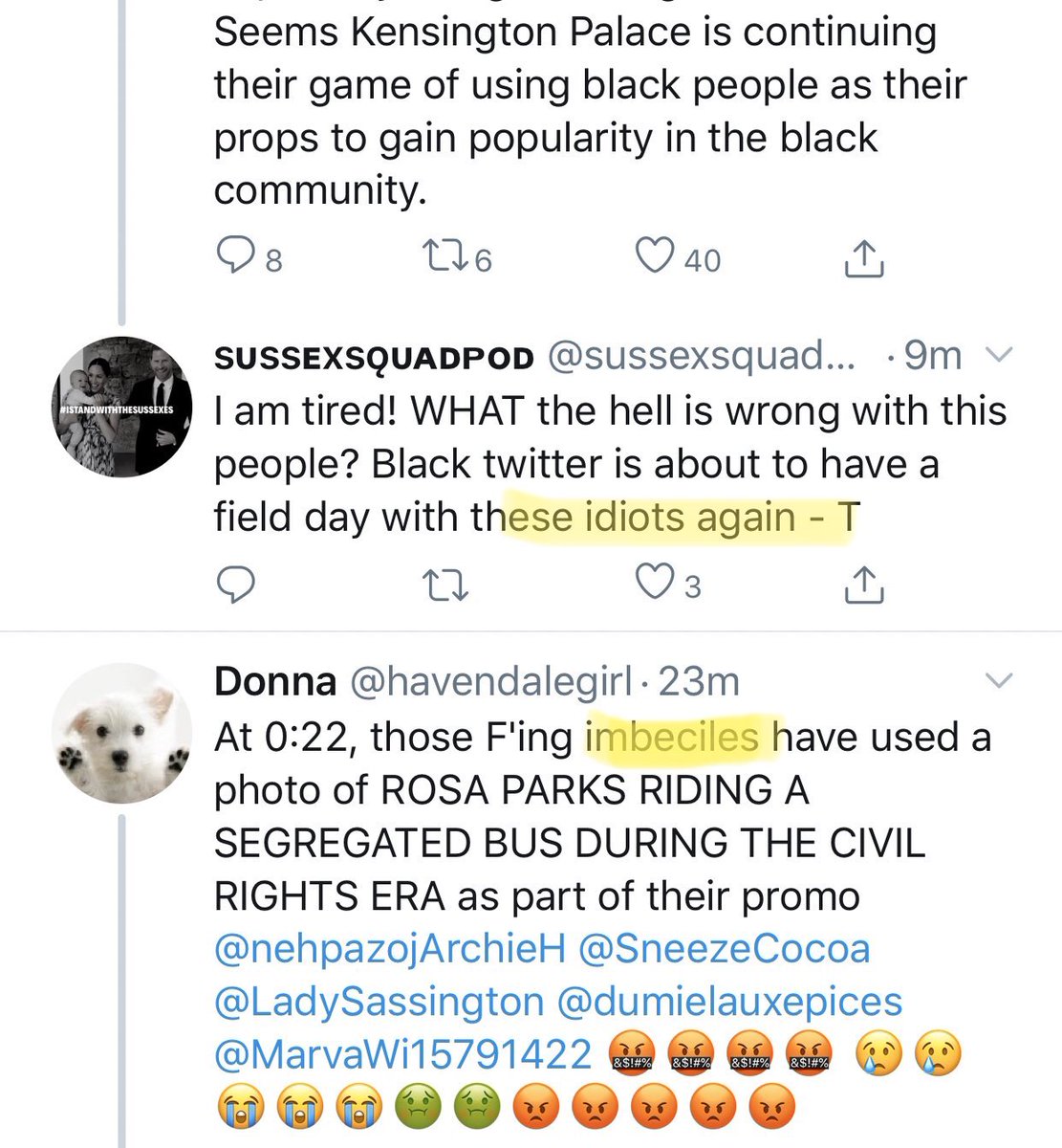 They call K&W racist but when they used a pic of Rosa Parks in a video this was the reply. Seems rather racist to me that M fans think that because W&K are white they can’t use an image of a black person who was of importance to the civil rights movement (6/?)