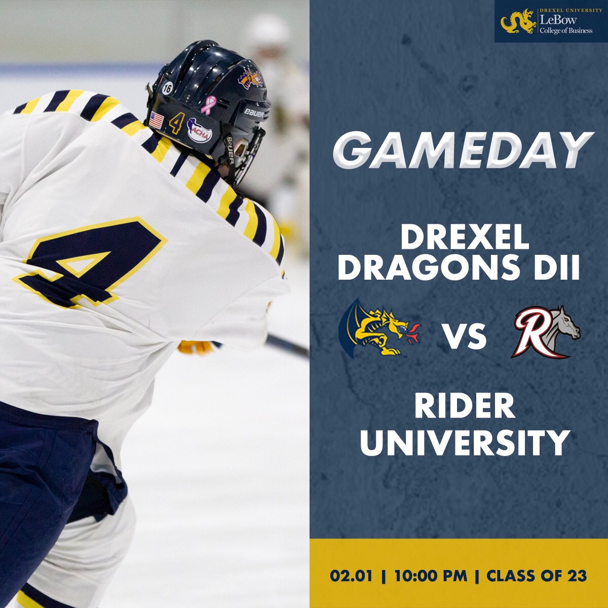 drexelhockey's tweet photo. 🐉GAME DAY🐉
        D1 &amp; D2

📅 2/1/20

D1  🆚 @LUIceHockey
D2  🆚 @RiderHockey

D1  🕢 7:40pm
D2  🕙 10pm

📍@Class_Of_1923

IT’S SENIOR NIGHT! Help us celebrate our 6 seniors of DUIH! D1 vs Lehigh with a 7:40pm puck drop &amp; directly following D2 will be vs Rider at 10pm! #DUIH https://t.co/IZumtxAWqA