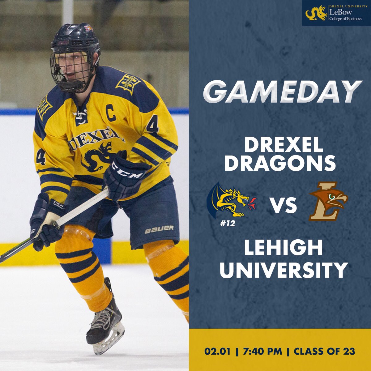 drexelhockey's tweet photo. 🐉GAME DAY🐉
        D1 &amp; D2

📅 2/1/20

D1  🆚 @LUIceHockey
D2  🆚 @RiderHockey

D1  🕢 7:40pm
D2  🕙 10pm

📍@Class_Of_1923

IT’S SENIOR NIGHT! Help us celebrate our 6 seniors of DUIH! D1 vs Lehigh with a 7:40pm puck drop &amp; directly following D2 will be vs Rider at 10pm! #DUIH https://t.co/IZumtxAWqA