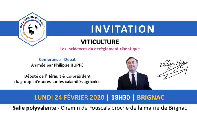 OH_EM_CE_34's tweet photo. #Hérault #Aude #Tarn
Conférence Débat animée par Philippe Huppé sur la thématique des " Incidences du #ChangementClimatique " sur la #Viticulture le Lundi 24 Février à 18H30 à #Brignac , ( près de #ClermontLHérault ) https://t.co/v7YPNjv9bd