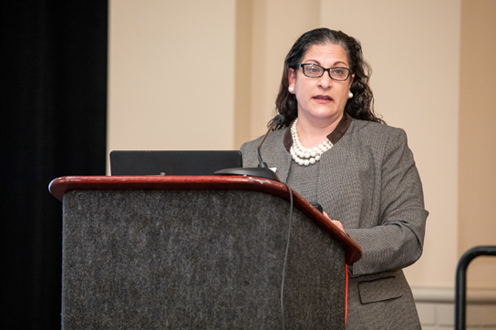 Image of Michelle Francis of the Ohio Library Council speaking at the Libraries Engage Voters Panel at Midwinter 2020.
