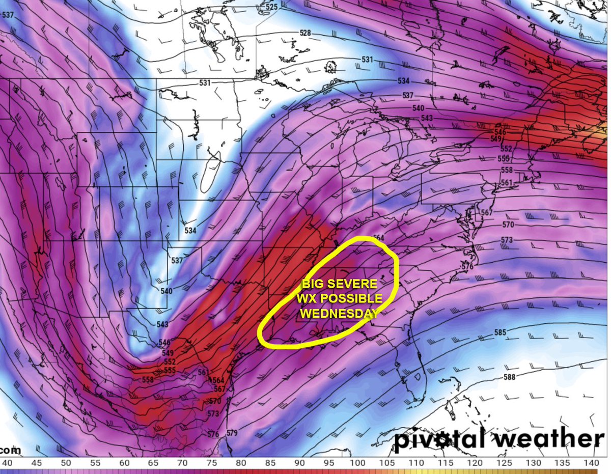 BIG SEVERE WEATHER possible in Dixie Alley on Wednesday next week as a high-amplitude trough digs deep into northern Mexico before ejecting across central/southern U.S. Tornado threat likely as early as Tuesday night, E TX through LA, MS AL TN on Wed. Stay tuned! <a href="/Tornadosafetx/">TornadoSAFE Texas 🌪</a>