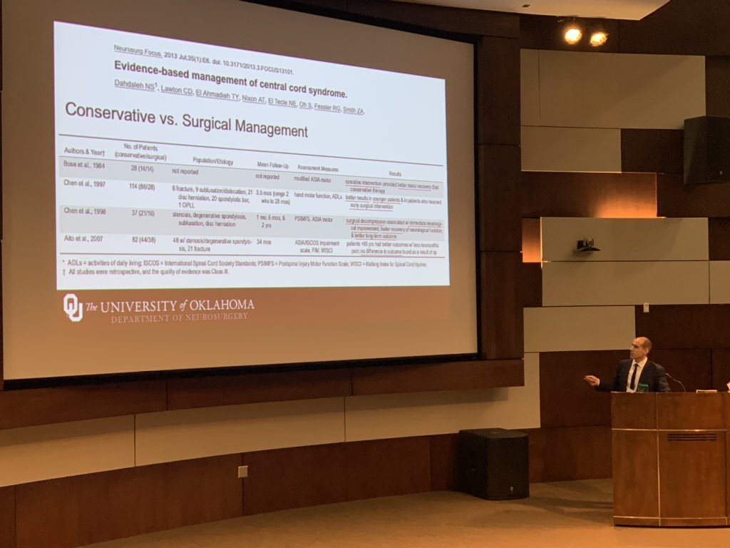 University of Oklahoma Neurosurgery (@ou_neurosurgery) on Twitter photo <a href="/PPelargosMD/">Panayiotis Pelargos MD, MS</a> reviewing controversy in central cord syndrome: Take homes: 1) May be both vascular & mechanical causes; 2) Evidence is class III or IV but may favor early surgery (<a href="/NaderDahdaleh/">Nader Dahdaleh</a> et.al) 3) Recovery is slow but continual; @OUMedicine @OUNeurosurg <a href="/PPelargosMD/">Panayiotis Pelargos MD, MS</a> reviewing controversy in central cord syndrome: Take homes: 1) May be both vascular & mechanical causes; 2) Evidence is class III or IV but may favor early surgery (<a href="/NaderDahdaleh/">Nader Dahdaleh</a> et.al) 3) Recovery is slow but continual; @OUMedicine @OUNeurosurg