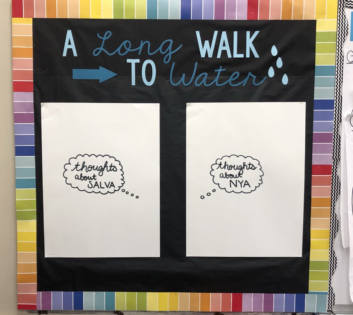 MsParrasch's tweet photo. I love reading aloud #ALongWalkToWater. Such a powerful story that teaches my students about lives so different from their own. I created an interactive bulletin board for them to share thoughts, predications, or questions they have about the main characters #ReadersAreLeaders https://t.co/dbO0486OeK