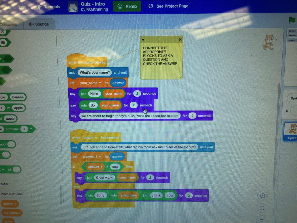 SurfcatJim's tweet photo. Great afternoon @MSVU_Halifax with @KidsCoding playing with @scratch ... trying out “Creating a quiz”, figured a creative way to combine Say with free text and name variable using Join! #morepersistence https://t.co/vuR7X0cNVx