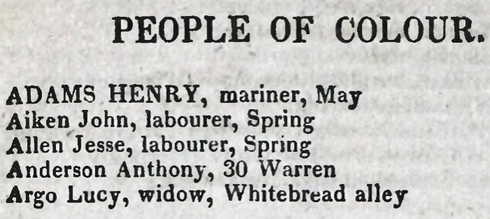 A scan of the 1823 Boston City Directory. It is a off white background with black text. The text reads as follows: People of Colour.
Adams Henry, mariner, May
Aiken John, labourer, Spring
Allen, Jesse, labourer, Spring
Anderson Anthony, 30 Warren
Argo, Lucy, widow, Whitebread alley