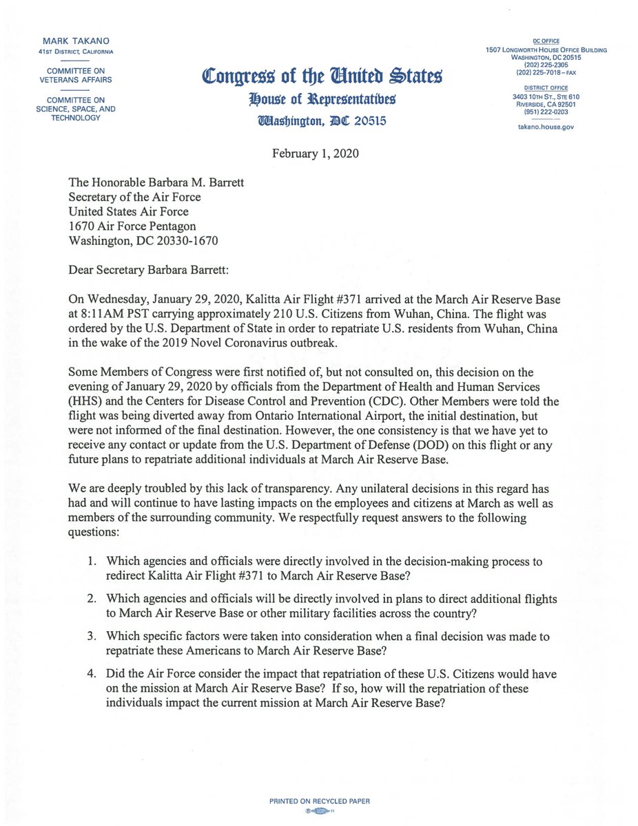 Letter to air force secretary. for details visit takano.house.gov