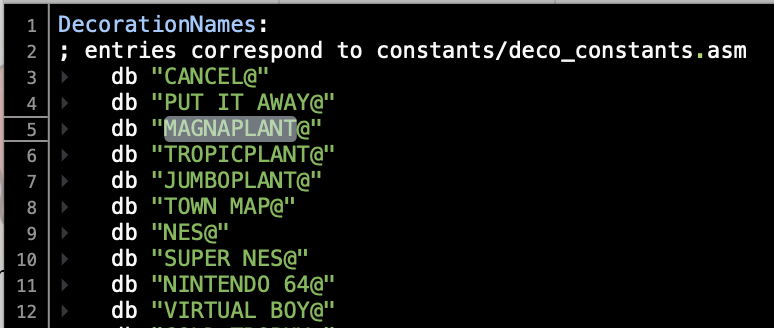 screenshot of list of decoration items in pokemon crystal, including a "magnaplant"