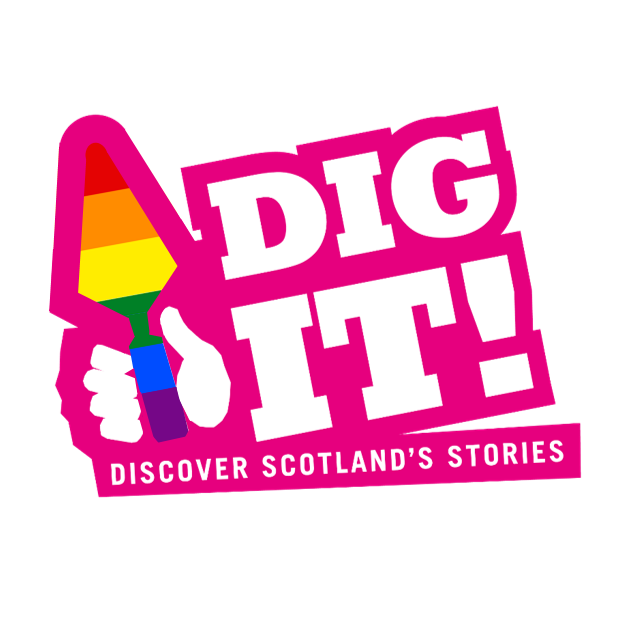 Image of the the words 'Dig It!' in pink writing, with a rainbow-coloured trowel next to them.