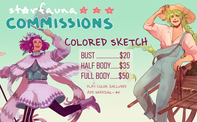 (RT's appreciated??)
?commissions are OPEN again?
DM or email me : starfaunia@gmail.com  money goes towards transition funds + rent !! 