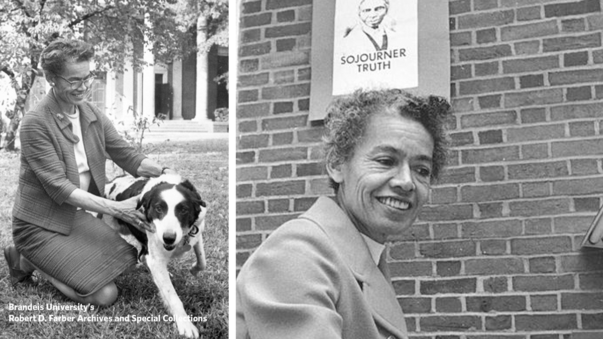 Two photos of Pauli Murray are seen side by side: The left photo shows Pauli Murray outside kneeling in the grass as she holds a black and white spotted dog. The second photo is Pauli Murray as she stands against a brick wall and a poster of Sojourner Truth above her head.