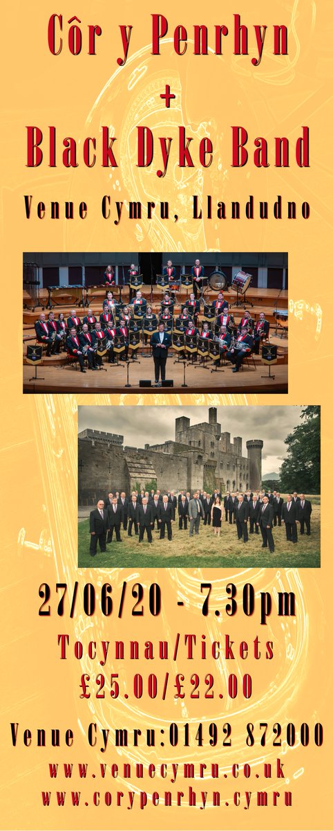 Cyngerdd arbennig 27/6/20 gyda band Black Dyke,  yn Venue Cymru. Tocynnau: Venue Cymru, corypenrhyn.cymru, + aelodau.
Fantastic concert 27/6/20 with the Black Dyke Band, Venue Cymru. Tickets on sale now: Venue Cymru, corypenrhyn.cymru + choir members