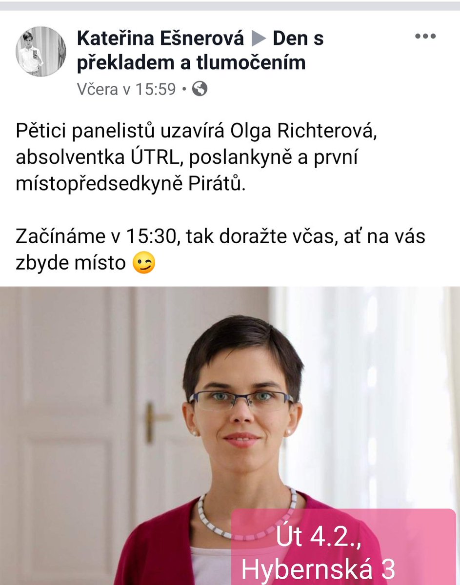 olgarichterova's tweet photo. #Pozvánka na úterý 4.2.
➡️od 15.30 se rozjede debata pěti absolventů na Dni s překladem a tlumočením.
🖤 Konečně budu moct veřejně poděkovat své alma mater: skvěle mě připravila na neustálé učení nových témat a škrtání nepodstatného.
@FF_CUNI
#UTRL
#Hybernska3
#politics https://t.co/pe4jpYoR1f