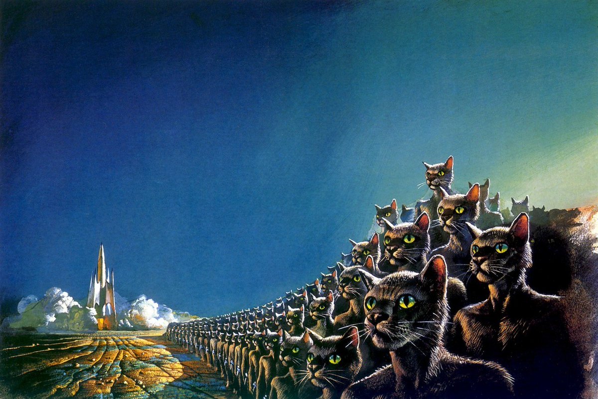 If you like one Space Cat per Saturday, you'll love several hundred of them at once. From Bruce Pennington, used as a 1971 cover to 'Decision at Doona,' by Anne McCaffrey  #Caturday