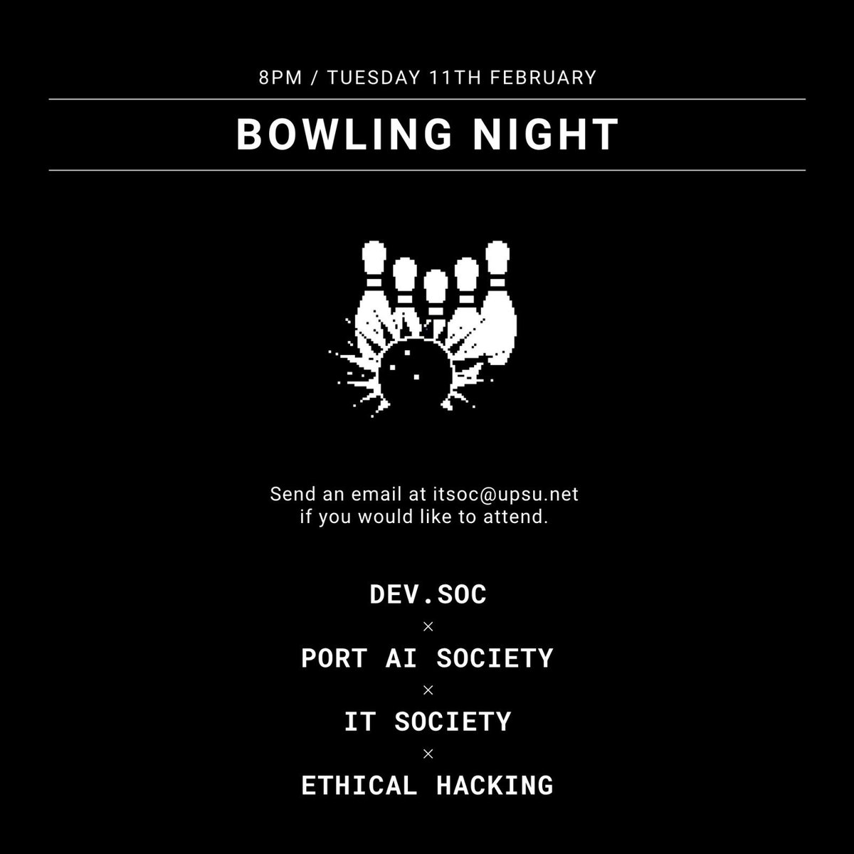 PortAISociety's tweet photo. Excited to have started the new semester? So are we! 😁

On 11th February we’ll be participating in our first ever joint social, alongside @theitsoc, Dev Soc, and Ethical Hacking Society 🤖

Contact itsoc@upsu.net if you’re interested 👍 https://t.co/fPDPBAwZJE