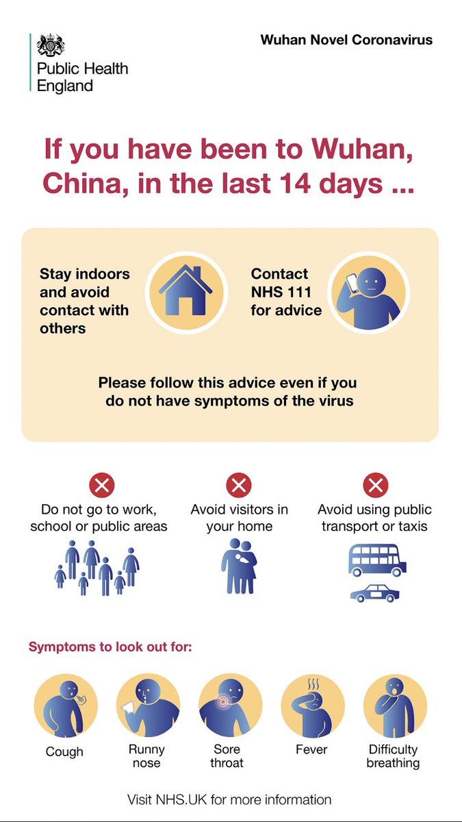 If you have travelled to the UK from mainland China in the last 14 days, and you are having difficulty breathing, fever or a sore throat please follow the guidance from @PHE_uk or call NHS 111 for the most up to date advice #CoronaVirus