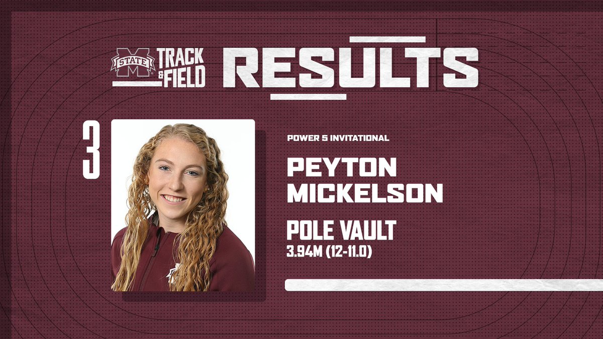 HailStateTF's tweet photo. RESULTS | Women's Pole Vault 🥉

3. Peyton Mickelson, 3.94m (12-11.0)

That's a season best for @peytonmickelson! Her final bar would have been a school record.

#HailState🐶 https://t.co/vfmfltYa95