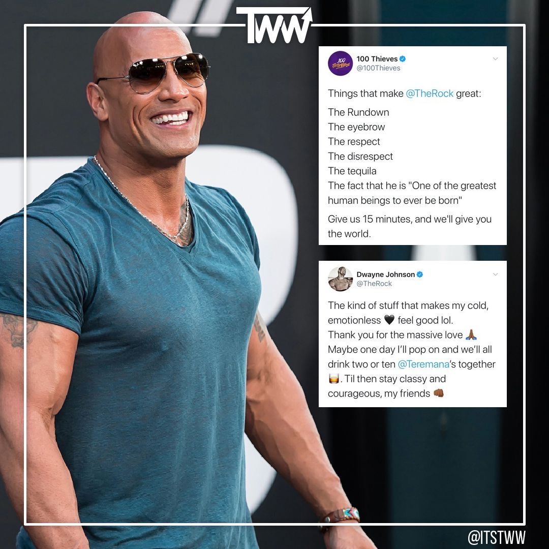 itstww's tweet photo. #DwayneJohnson responds to a podcast invite by #100thieves https://t.co/lP9MHFh7vt