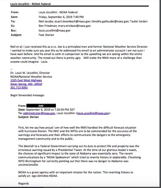 Email sent to NOAA acting administrator Neil Jacobs, et al, by Louis Uccellini, Director NOAA/NWS, related to Trump/Hurricane Dorian comments: "...The mood out there is pretty ugly. Will make the [Northwest Atlantic] more of a challenge than anyone could imagine" #FOIA