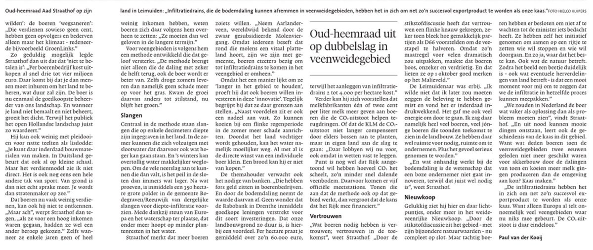 #Bodemdaling | Boer en oud-hoogheemraad <a href="/HHRijnland/">Hoogheemraadschap van Rijnland</a> Aad Straathof pleit voor infiltratie-drainage in veenweidegebied, om bodemdaling en CO2-emissies tegen te gaan (<a href="/leidschdagblad/">Leidsch Dagblad</a> 28/1)