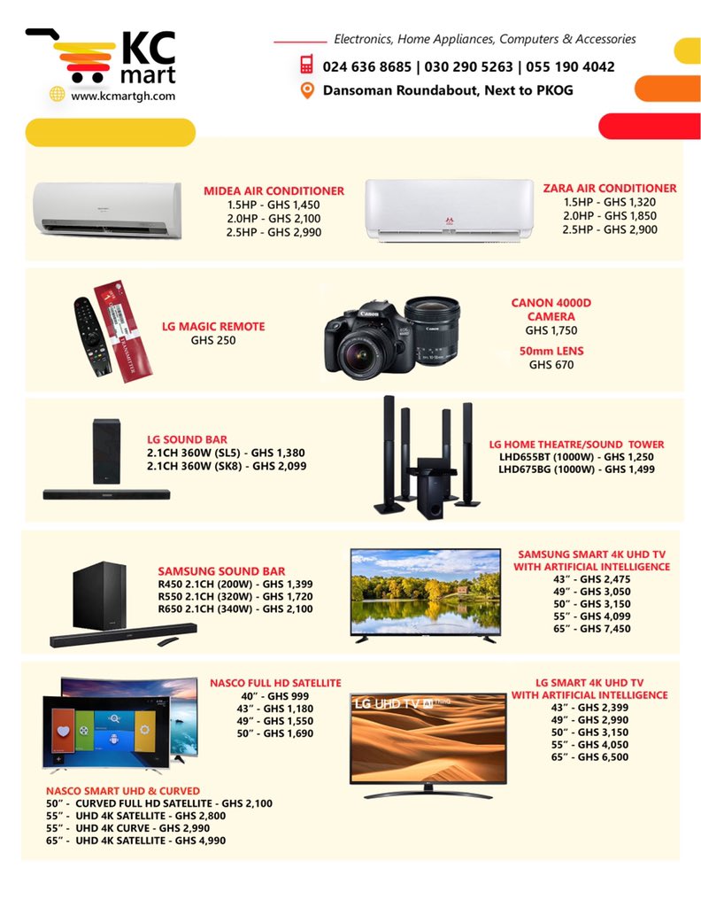 kcmartghdotcom's tweet photo. 🚀 Peace be unto the TL ☺️
Here are our item prices for LG TVs, Soundbars, Home theaters, remote, Samsung TVs, soundbars, Canon Camera &amp; Lens, Nasco TVs (Flat &amp; Curved) Midea and Zara ACs. 

Pls if this comes across your TL, kindly RT. 

Call us on:
☎️ 0246368685
☎️ 0302905263 https://t.co/vYIp2mJWEQ