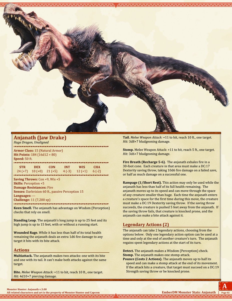 ember_dm's tweet image. Monster Hunter: Anjanath 5e D&amp;amp;D Stats

I maybe should have planned releasing some of these to go with Iceborn, but I just wasn't thinking about it at the time.  Anyway, here's the latest update on my Anjanth stats.  Also hopefully the last one.  #DnD