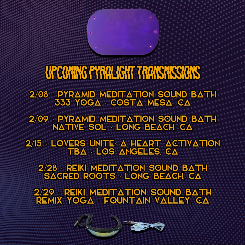 liiightspace's tweet photo. Upcoming #PyraLight Transmissions for February 2020! Limited spaces (6 max) are available at each group gathering. PyraLight + Subpac personal activations will be offered on 2/15. Also booking private sessions. https://t.co/GE0MVhscpr