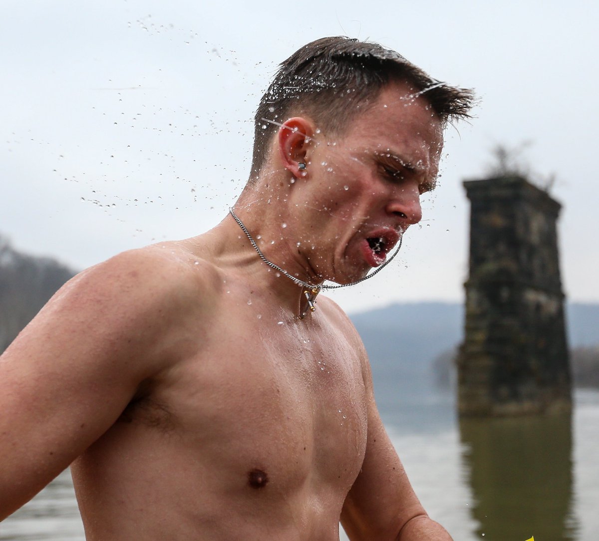 members of the California Univ. of PA Vulcan football team participate in the 2020 Frosty Frolic Winter River Romp at the Water Street Wharf on Feb. 1st, 2020 in Coal Center, PA. 

Participants raise money to benefit the California Area School District Foundation.