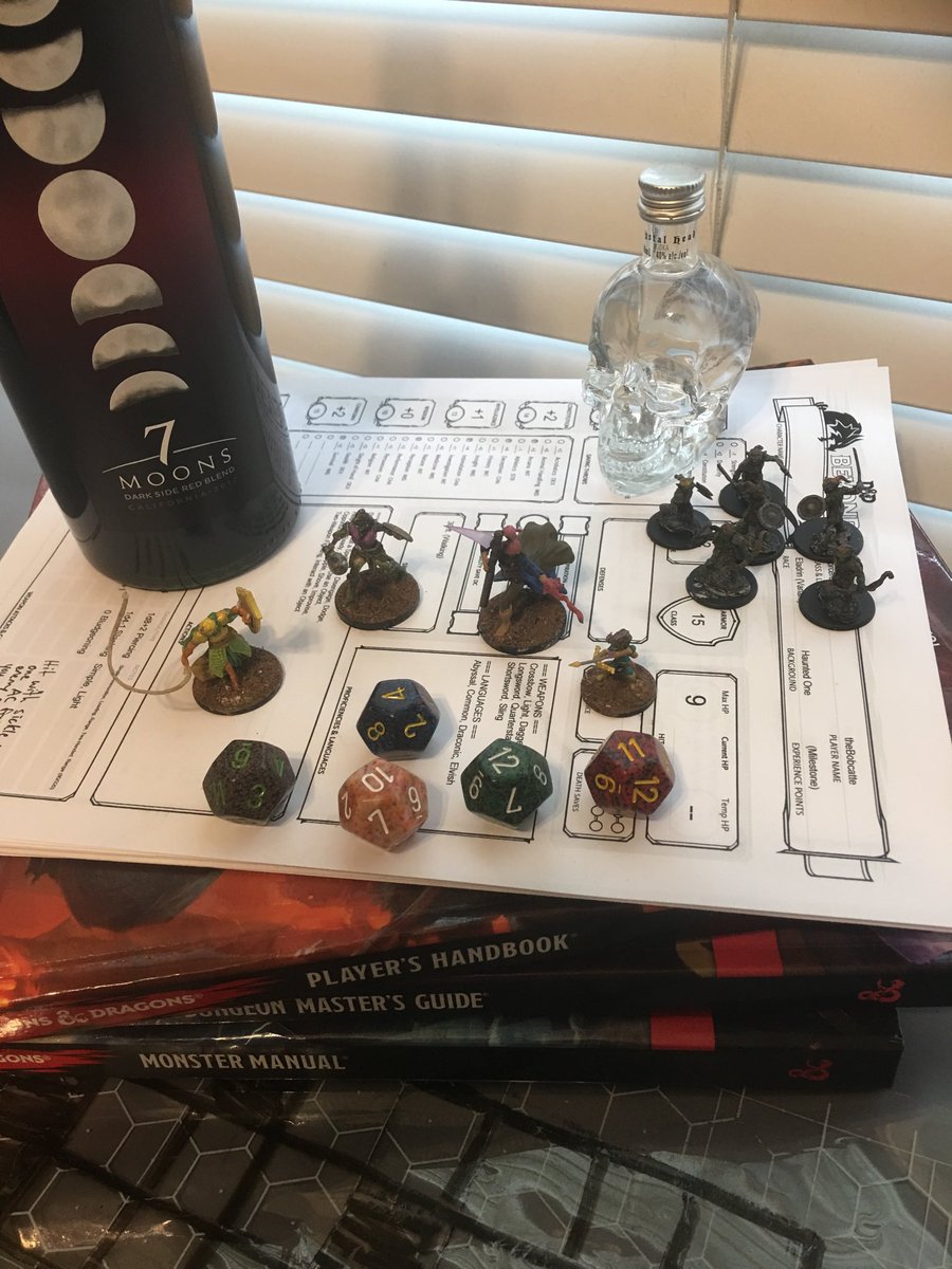 MatteWagner's tweet photo. I have always wanted to be a DM but never been able to commit to learning D&D, but tonight it is finally happening! Thanks to @HHJanes for the prep materials, can’t wait to very expertly guide a bunch of other noobs into dangerous mysteries #myfirstdungeon #D&DNoobs https://t.co/7mpczi2LUC
