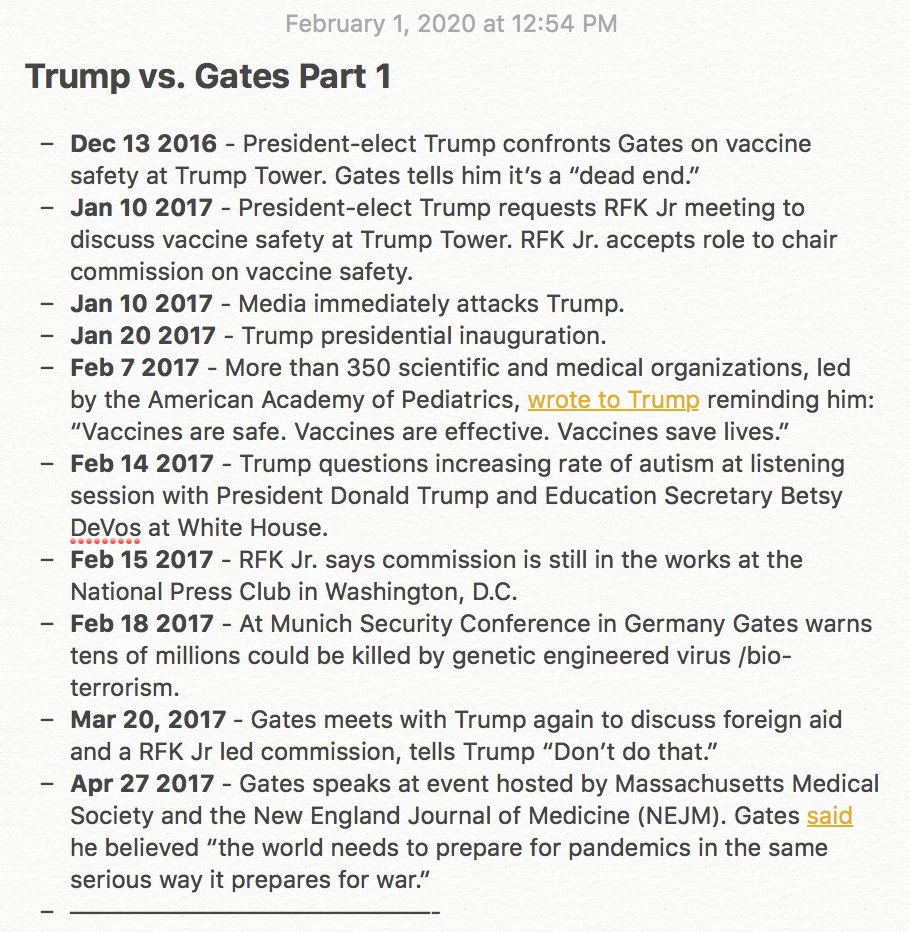 To recap, see timeline of notables gathered so far. After all of these events occurred it appears Trump either completely shifted his strategy (in my opinion he did) or he was turned and is now under control of Bill Gates.Watch for Part 2 under  #TrumpVsGates.Thoughts?