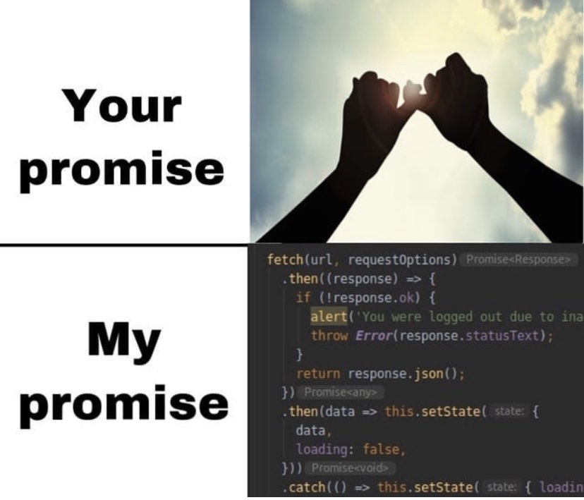 AnaMatviichuk's tweet image. Promises😜 #js #programmingmemes #promiseJS